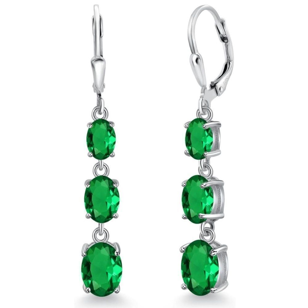 925 Sterling Silver with 3.50 Cttw 3 Stone Emerald Dangling Leverback Earrings